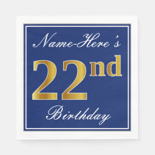 Serviette En Papier Bleu Élégant, Faux Gold 22e anniversaire; Nom pers