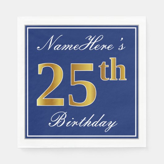 Serviette En Papier Bleu Élégant, Faux Gold 25e anniversaire; Nom pers (Devant)