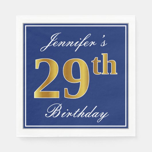 Serviette En Papier Bleu Élégant, Faux Gold 29e anniversaire; Nom pers (Devant)