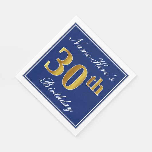 Serviette En Papier Bleu élégant, Faux Gold 30e anniversaire; Nom pers (Coin)