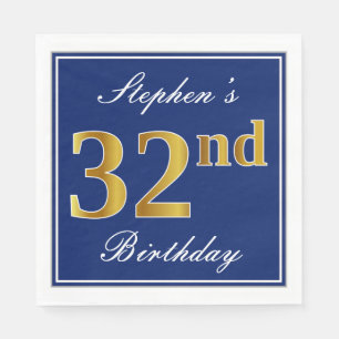 Serviette En Papier Bleu Élégant, Faux Gold 32e anniversaire; Nom pers