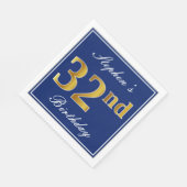 Serviette En Papier Bleu Élégant, Faux Gold 32e anniversaire; Nom pers (Coin)