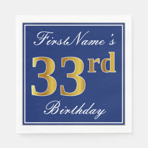 Serviette En Papier Bleu Élégant, Faux Gold 33e anniversaire; Nom pers