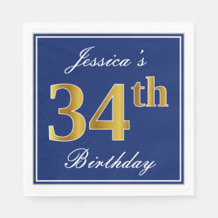 Serviette En Papier Bleu Élégant, Faux Gold 34e anniversaire; Nom pers