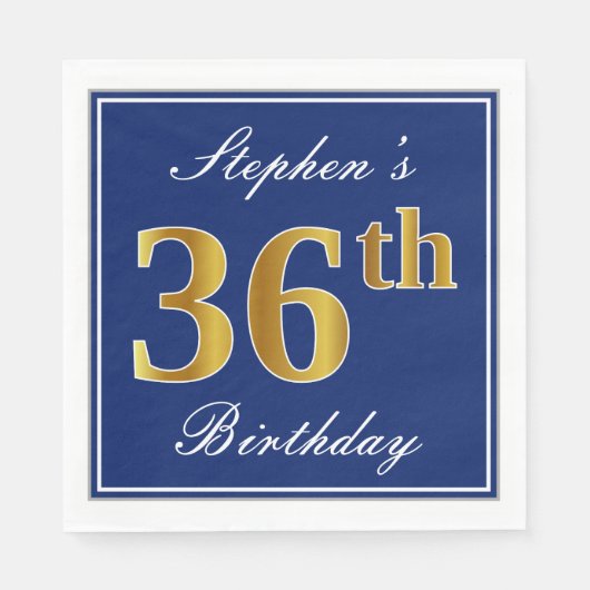 Serviette En Papier Bleu Élégant, Faux Gold 36e anniversaire; Nom pers (Devant)