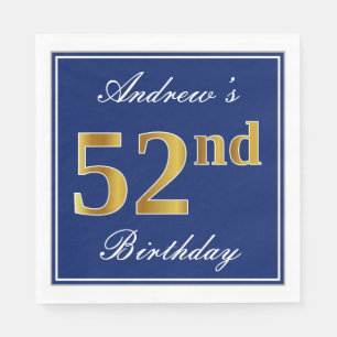 Serviette En Papier Bleu Élégant, Faux Gold 52e anniversaire; Nom pers