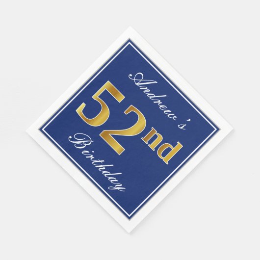 Serviette En Papier Bleu Élégant, Faux Gold 52e anniversaire; Nom pers (Coin)