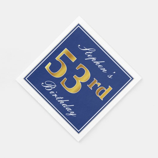 Serviette En Papier Bleu Élégant, Faux Gold 53ème anniversaire; Nom pe (Coin)