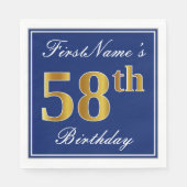 Serviette En Papier Bleu Élégant, Faux Gold 58e anniversaire; Nom pers (Devant)