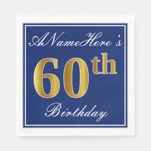 Serviette En Papier Bleu élégant, Faux Gold 60e anniversaire; Nom pers (Devant)