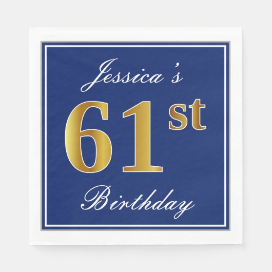 Serviette En Papier Bleu Élégant, Faux Gold 61e anniversaire; Nom pers (Devant)