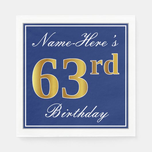 Serviette En Papier Bleu Élégant, Faux Gold 63e anniversaire; Nom pers (Devant)