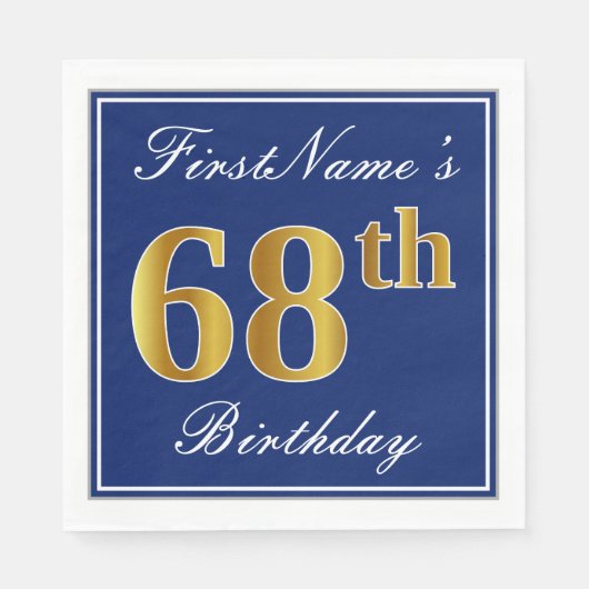 Serviette En Papier Bleu Élégant, Faux Gold 68e anniversaire; Nom pers (Devant)