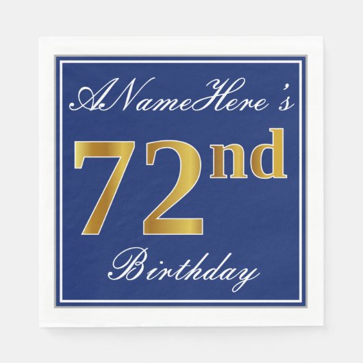 Serviette En Papier Bleu Élégant, Faux Gold 72e anniversaire; Nom pers (Devant)