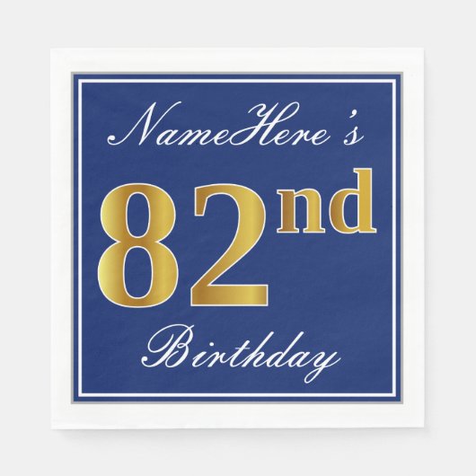 Serviette En Papier Bleu Élégant, Faux Gold 82e anniversaire; Nom pers (Devant)