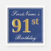 Serviette En Papier Bleu Élégant, Faux Gold 91ème Anniversaire ; Nom p (Devant)