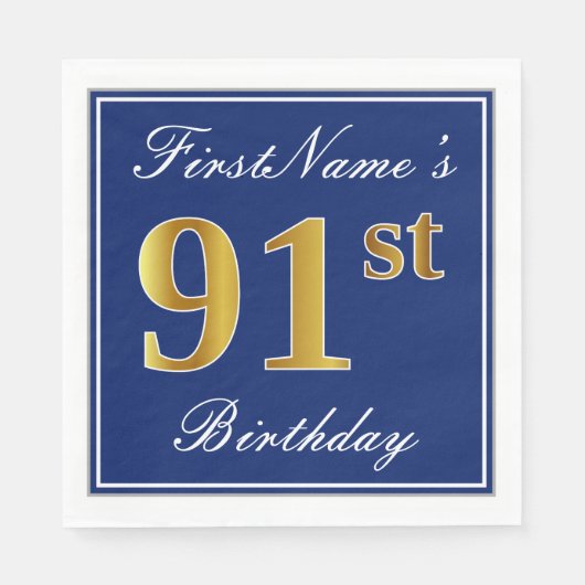 Serviette En Papier Bleu Élégant, Faux Gold 91ème Anniversaire ; Nom p (Devant)