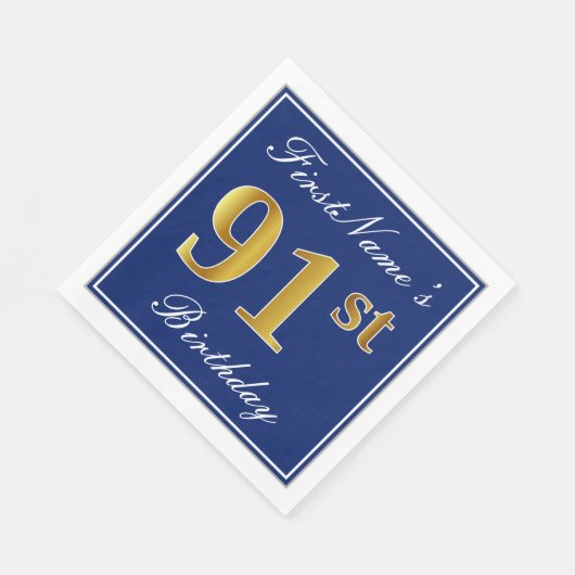 Serviette En Papier Bleu Élégant, Faux Gold 91ème Anniversaire ; Nom p (Coin)