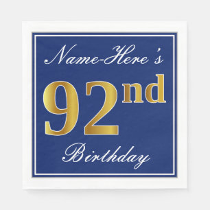 Serviette En Papier Bleu élégant, Faux Gold 92e anniversaire; Nom pers