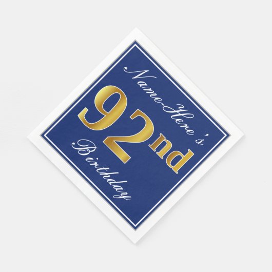 Serviette En Papier Bleu élégant, Faux Gold 92e anniversaire; Nom pers (Coin)