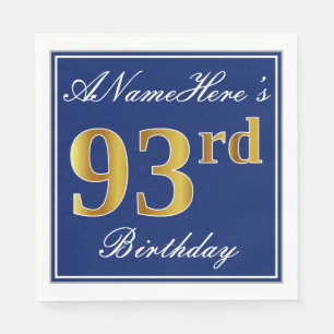 Serviette En Papier Bleu Élégant, Faux Gold 93e anniversaire; Nom pers