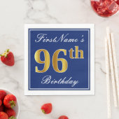 Serviette En Papier Bleu élégant, Faux Gold 96e anniversaire; Nom pers (En situation)