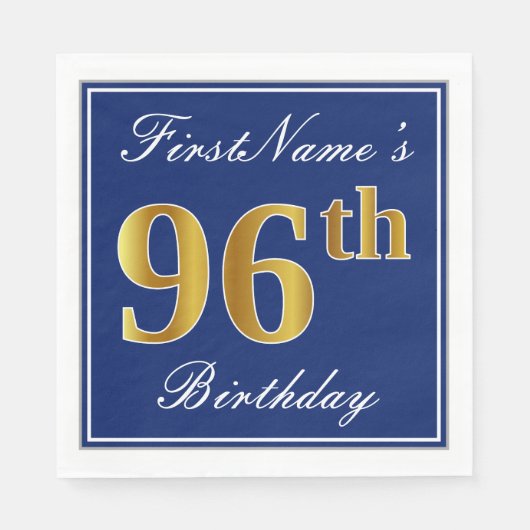 Serviette En Papier Bleu élégant, Faux Gold 96e anniversaire; Nom pers (Devant)