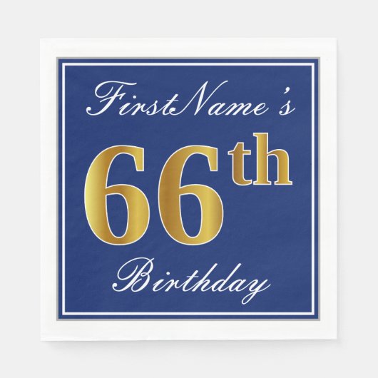 Serviette En Papier Bleu élégant, Faux Or 66e anniversaire; Nom person (Devant)