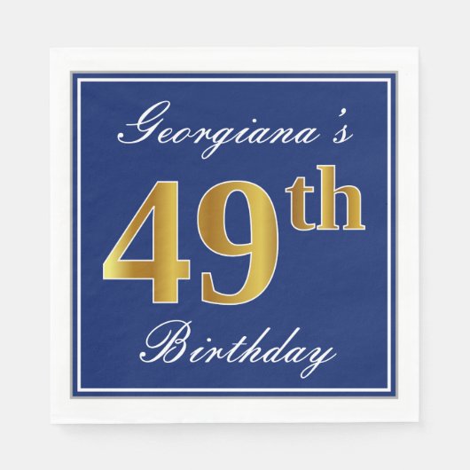 Serviette En Papier Bleu Élégant, Or Faux 49e anniversaire; Nom person (Devant)