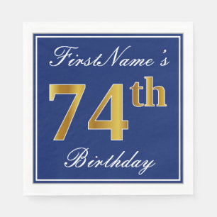 Serviette En Papier Bleu Élégant, Or Faux 74e anniversaire; Nom person