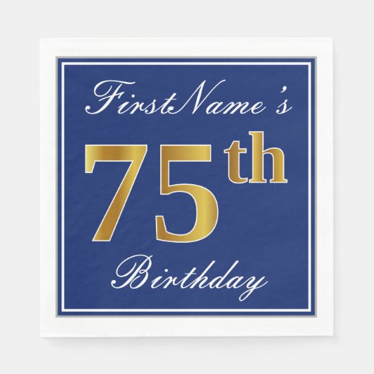 Serviette En Papier Bleu Élégant, Or Faux 75e anniversaire; Nom person (Devant)