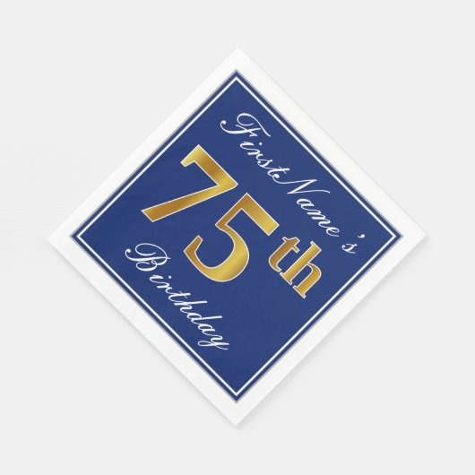 Serviette En Papier Bleu Élégant, Or Faux 75e anniversaire; Nom person (Coin)