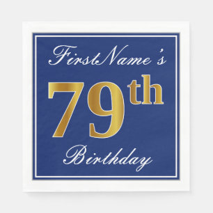 Serviette En Papier Bleu Élégant, Or Faux 79e anniversaire; Nom person