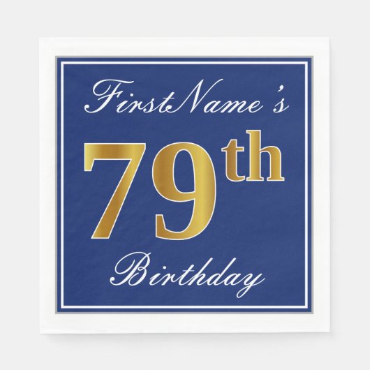 Serviette En Papier Bleu Élégant, Or Faux 79e anniversaire; Nom person (Devant)
