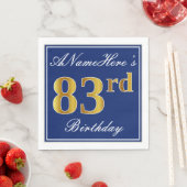 Serviette En Papier Bleu Élégant, Or Faux 83e anniversaire; Nom person (En situation)