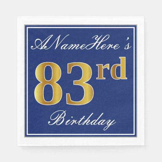 Serviette En Papier Bleu Élégant, Or Faux 83e anniversaire; Nom person (Devant)
