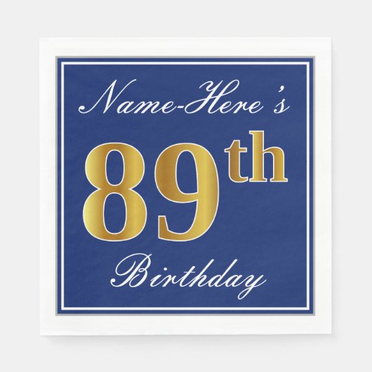 Serviette En Papier Bleu Élégant, Or Faux 89e anniversaire; Nom person (Devant)
