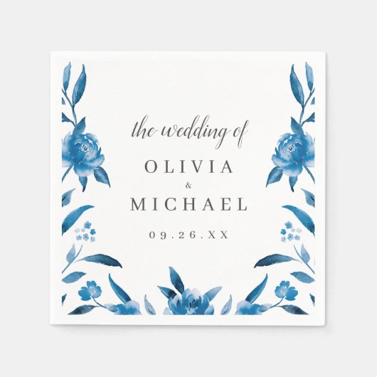 Serviette En Papier Bleu et blanc aquarelle fleurie merci mariage (Devant)