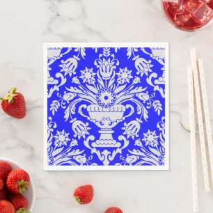Serviette En Papier Bleu et Blanc Damassé Motif Floral Élégant