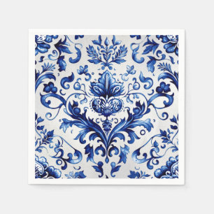 Serviette En Papier Bleu et blanc Delft style ornement floral motif