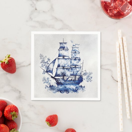 Serviette En Papier Bleu et blanc Delft voilier en mer (En situation)