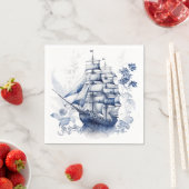 Serviette En Papier Bleu et blanc Delft voilier en mer (En situation)