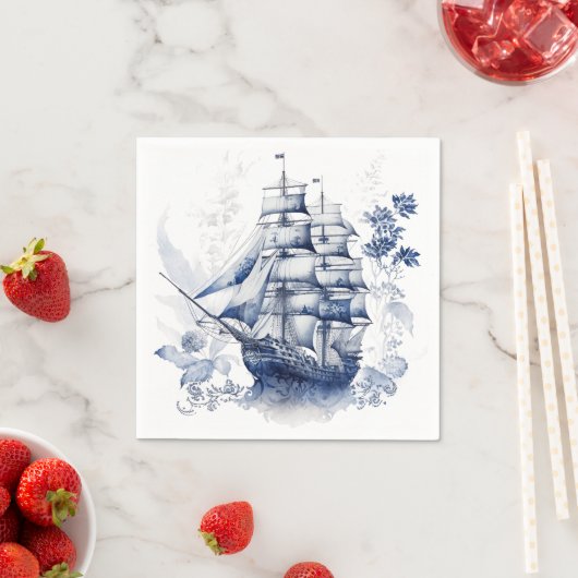 Serviette En Papier Bleu et blanc Delft voilier en mer (En situation)