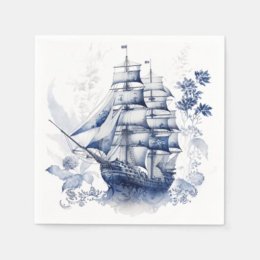 Serviette En Papier Bleu et blanc Delft voilier en mer (Devant)