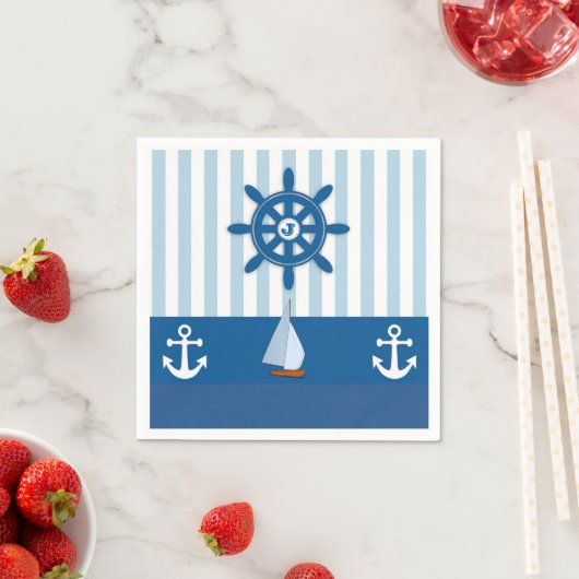 Serviette En Papier Bleu et Blanc Nautique thème Monogramme design. (En situation)