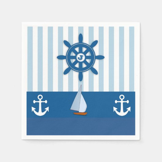 Serviette En Papier Bleu et Blanc Nautique thème Monogramme design. (Devant)