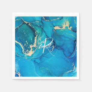 Serviette En Papier Bleu et or Marbre Agate Nom Abstrait Monogramme