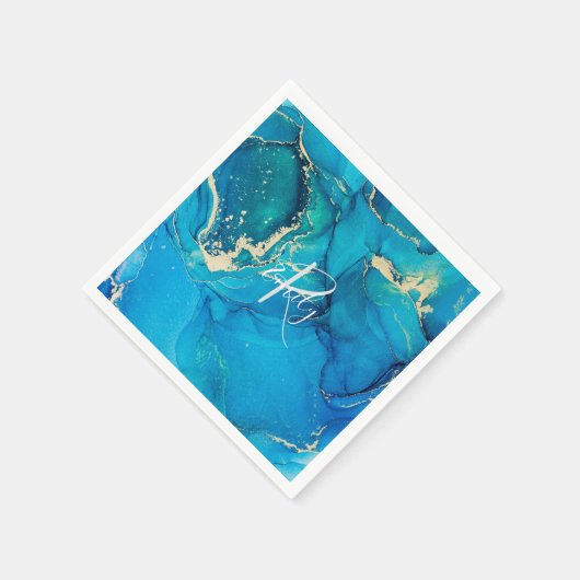 Serviette En Papier Bleu et or Marbre Agate Nom Abstrait Monogramme (Coin)