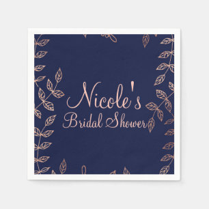 Serviette En Papier Bleu et Or Rose Glam Botanique Élégant Mariage