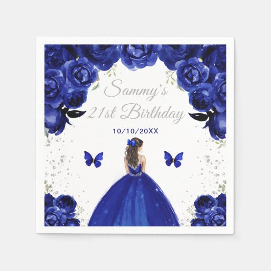 Serviette En Papier Bleu foncé Brunette Cheveux Princesse Anniversaire (Devant)